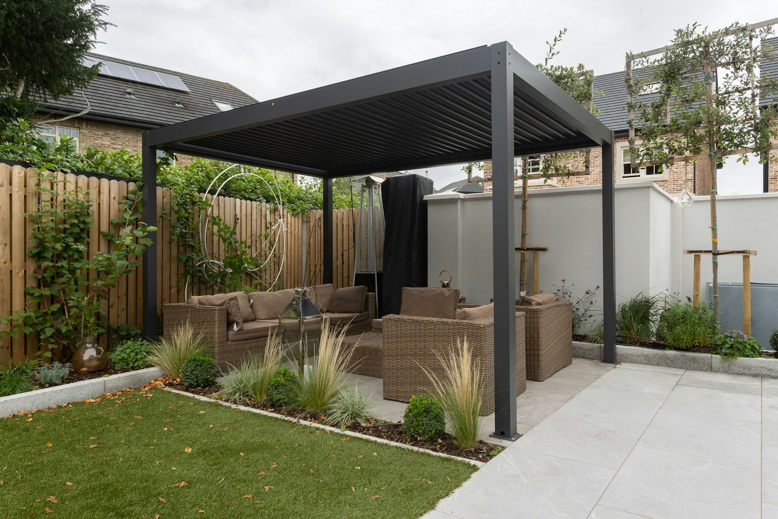 Finished backyard with covered patio, artificial turf and concrete paving