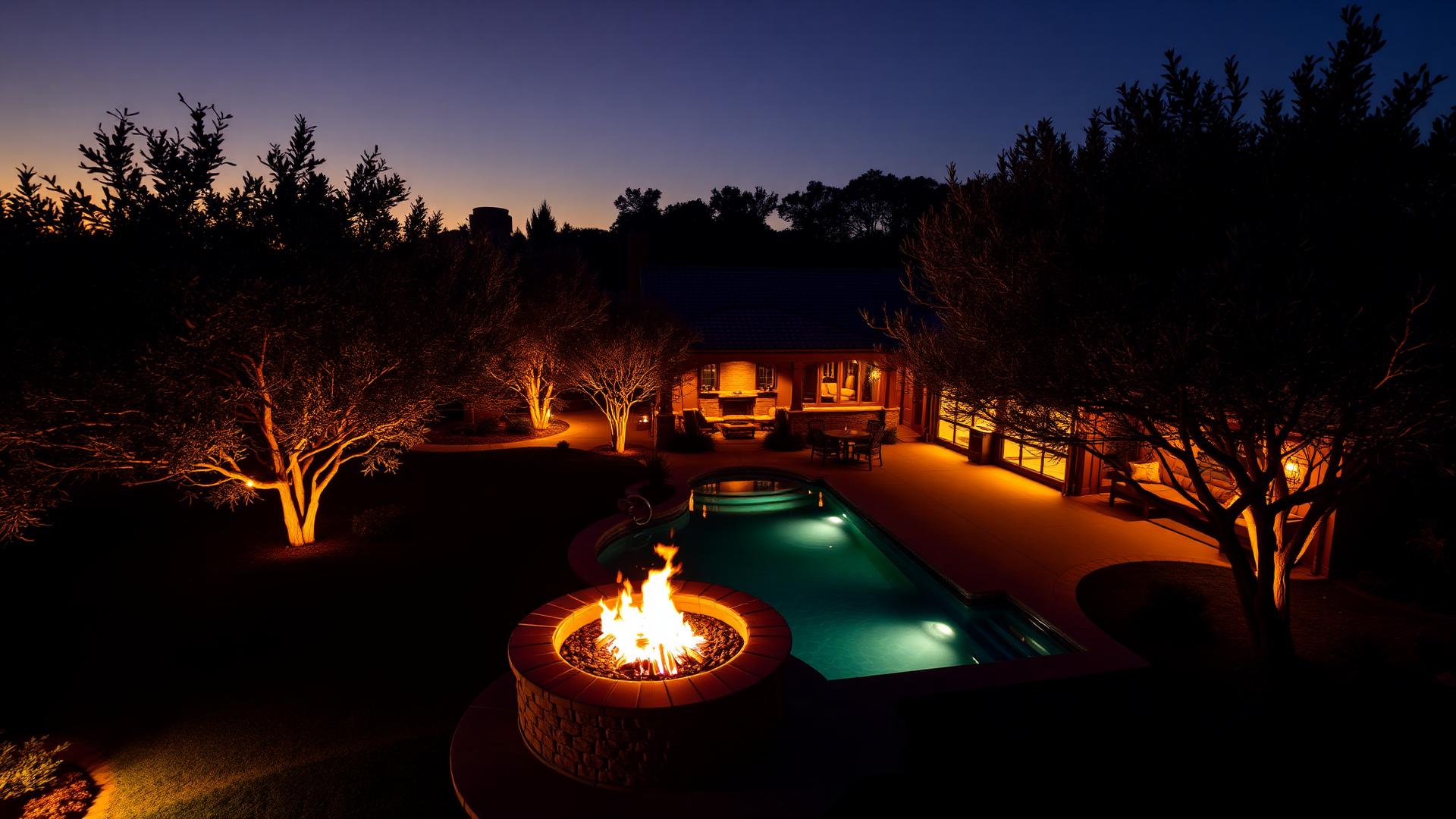 Luxury backyard at dusk